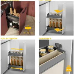 Emuca Harmony-Ausziehregal mit Körben und Brotkasten mit Soft-Close, Modul Breite 300mm Höhe 700mm, Stahl und Holz, Anthrazitgrau