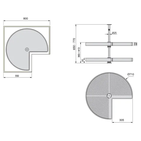 Emuca Lot Drehplatten Shelvo 3/4, für 800mm Modul, Kunststoff und Aluminium, Grau