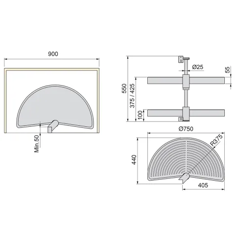 Emuca Lot Drehplatten Shelvo 1/2, für 900mm Modul, Kunststoff und Aluminium, Grau