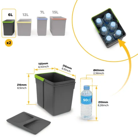 Emuca Lot Recycle Behälter für Küchenschublade, Höhe 216 mm, 2x6 Liter, Kunststoff anthrazitgrau