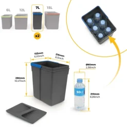 Emuca Lot Recycle Behälter für Küchenschublade, Höhe 266 mm, 2x15 Liter, 2x7 Liter, Kunststoff anthrazitgrau