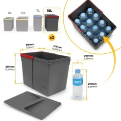Emuca Lot Recycle Behälter für Küchenschublade, Höhe 266 mm, 2x15 Liter, Kunststoff anthrazitgrau