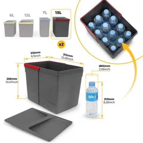 Emuca Lot Recycle Behälter für Küchenschublade, Höhe 266 mm, 2x15 Liter, Kunststoff anthrazitgrau