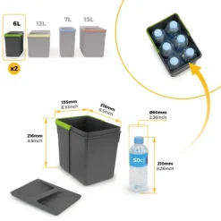 Emuca Lot Recycle Recyclingbehälter für Küchenschublade, Höhe 216 mm, 1x12 Liter, 2x6 Liter, Kunststoff anthrazitgrau