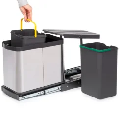 Emuca Recycle Inox Recyclingbehälter für die Bodenmontage und manuellen/automatischen Auszug in Küchenzeilen, 2x12 Liter, Kunststoff und Edelstahl