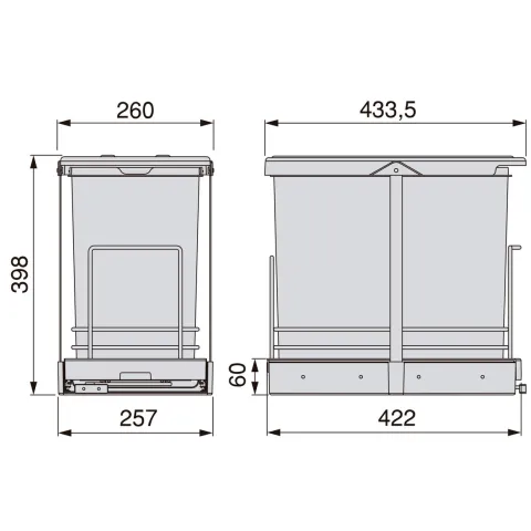 Emuca Recycle-Küchenrecyclingbehälter, 24 L, Bodenbefestigung und Handauszug/automatischen Auszug, Kunststoff anthrazitgrau