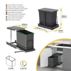 Emuca Recycle-Küchenrecyclingbehälter, 24 L, Bodenbefestigung und Handauszug/automatischen Auszug, Kunststoff anthrazitgrau