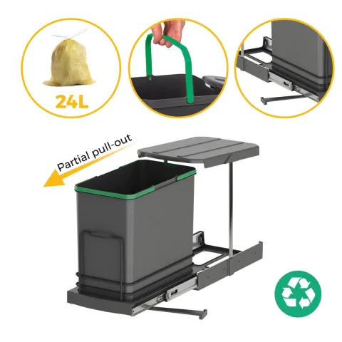 Emuca Recycle-Küchenrecyclingbehälter, 24 L, Bodenbefestigung und Handauszug/automatischen Auszug, Kunststoff anthrazitgrau
