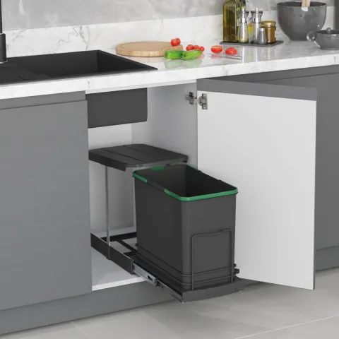 Emuca Recycle-Küchenrecyclingbehälter, 24 L, Bodenbefestigung und Handauszug/automatischen Auszug, Kunststoff anthrazitgrau