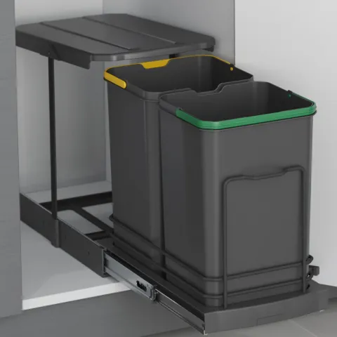Emuca Recycle-Küchenrecyclingbehälter, 2x12 L, Bodenbefestigung und Handauszug/automatischen Auszug, Kunststoff anthrazitgrau