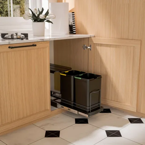 Emuca Recycle-Küchenrecyclingbehälter, 2x12 L, Bodenbefestigung und Handauszug/automatischen Auszug, Kunststoff anthrazitgrau