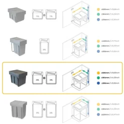Emuca Recycle Recyclingbehälter für Küche, 2x20 Liter, Bodenbefestigung und Handauszug, Kunststoff anthrazitgrau