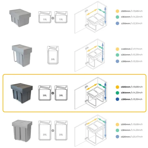 Emuca Recycle Recyclingbehälter für Küche, 2x20 Liter, Bodenbefestigung und Handauszug, Kunststoff anthrazitgrau