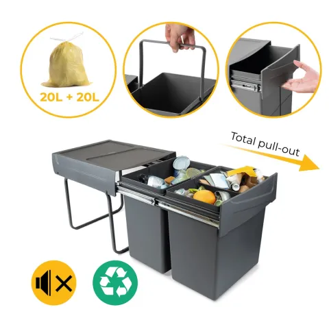 Emuca Recycle Recyclingbehälter für Küche, 2x20 Liter, Bodenbefestigung und Handauszug, Kunststoff anthrazitgrau