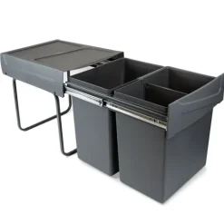 Emuca Recycle Recyclingbehälter für Küche, 2x20 Liter, Bodenbefestigung und Handauszug, Kunststoff anthrazitgrau