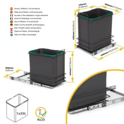 Emuca Recycle Recyclingbehälter für die Bodenmontage und manuellen Auszug in Küchenzeilen, 1x35 Liter, Kunststoff anthrazitgrau