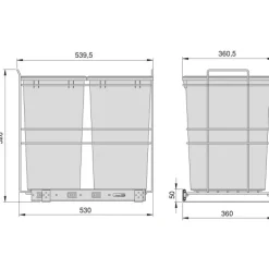 Emuca Recycle Recyclingbehälter für Bodenmontage und manuellen Auszug in Küchenzeile, 2x35 Liter, Kunststoff anthrazitgrau