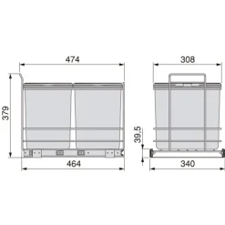 Emuca Recycling-Behälter für die Küche, 2x16 L, Bodenbefestigung und Handauszug, Kunststoff anthrazitgrau