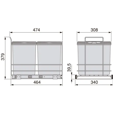 Emuca Recycling-Behälter für die Küche, 2x16 L, Bodenbefestigung und Handauszug, Kunststoff anthrazitgrau