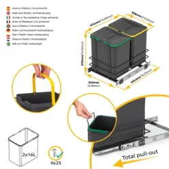 Emuca Recycling-Behälter für die Küche, 2x16 L, Bodenbefestigung und Handauszug, Kunststoff anthrazitgrau