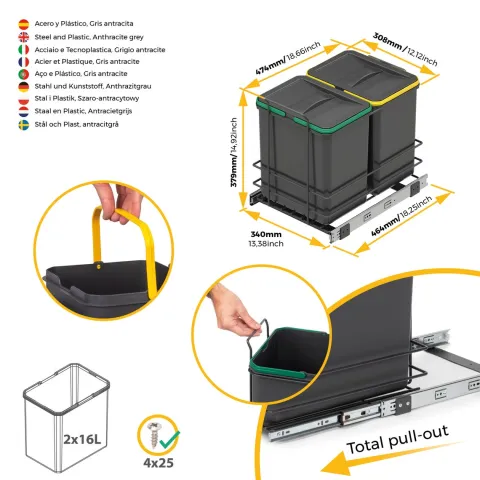Emuca Recycling-Behälter für die Küche, 2x16 L, Bodenbefestigung und Handauszug, Kunststoff anthrazitgrau