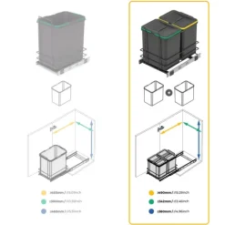 Emuca Recycling-Behälter für die Küche, 2x16 L, Bodenbefestigung und Handauszug, Kunststoff anthrazitgrau