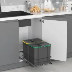 Emuca Recycling-Behälter für die Küche, 2x16 L, Bodenbefestigung und Handauszug, Kunststoff anthrazitgrau