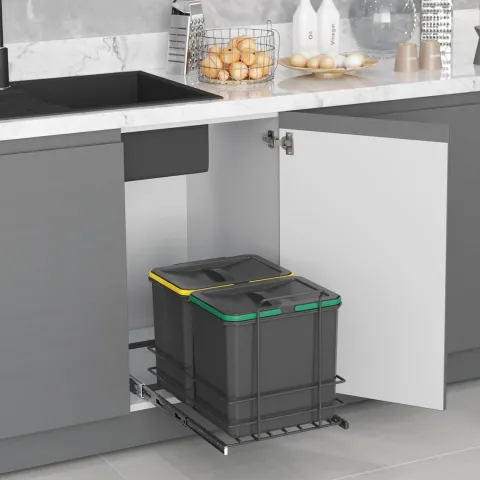 Emuca Recycling-Behälter für die Küche, 2x16 L, Bodenbefestigung und Handauszug, Kunststoff anthrazitgrau