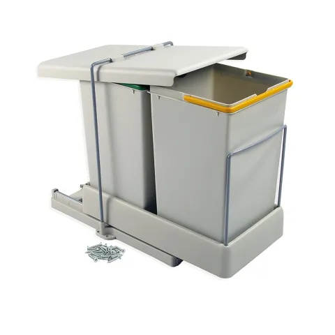 Emuca Recyclingbehälter zur Bodenmontage und automatischen Entnahme in der Küchenzeile, 2x14 Liter, Kunststoff, Grau