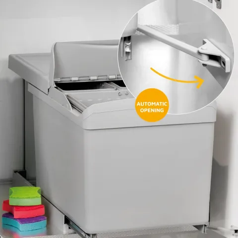 Emuca Recyclingbehälter zur Bodenmontage und automatischen Entnahme in der Küchenzeile, 1x16 Liter, 2x7,5 Liter, Kunststoff, Grau