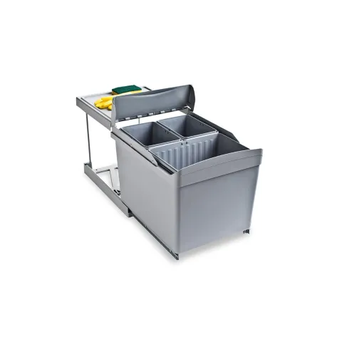 Emuca Recyclingbehälter zur Bodenmontage und automatischen Entnahme in der Küchenzeile, 1x16 Liter, 2x7,5 Liter, Kunststoff, Grau