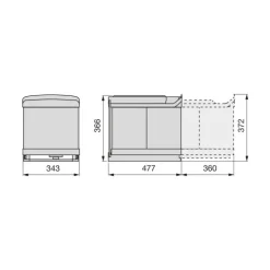Emuca Recyclingbehälter zur Bodenmontage und automatischen Entnahme in der Küchenzeile, 1x16 Liter, 2x7,5 Liter, Kunststoff, Grau