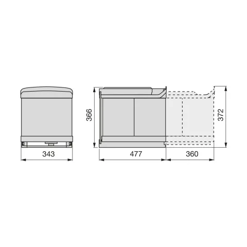 Emuca Recyclingbehälter zur Bodenmontage und automatischen Entnahme in der Küchenzeile, 1x16 Liter, 2x7,5 Liter, Kunststoff, Grau