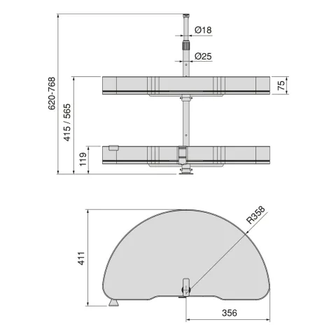 Emuca Satz Harmony 1/2 drehbare Ablagen für Küchenschränke, Modulbreite 800mm, höhenverstellbar, Stahl und Holz, Anthrazitgrau