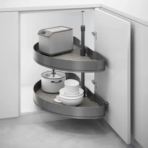 Emuca Satz Harmony 1/2 drehbare Ablagen für Küchenschränke, Modulbreite 800mm, höhenverstellbar, Stahl und Holz, Anthrazitgrau
