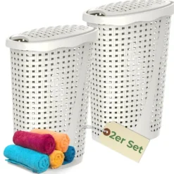 2er Set Wäschekorb mit Deckel Wäschesammler Plastik Wäschetonne Wäschetruhe weiß Wäschebox mit Deckel 31 x 40 x 60 cm 43 L Rattan Optik