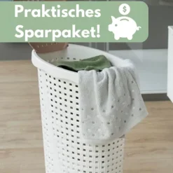 2er Set Wäschekorb mit Deckel Wäschesammler Plastik Wäschetonne Wäschetruhe weiß Wäschebox mit Deckel 31 x 40 x 60 cm 43 L Rattan Optik