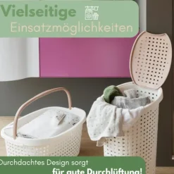 2er Set Wäschekorb mit Deckel Wäschesammler Plastik Wäschetonne Wäschetruhe weiß Wäschebox mit Deckel 31 x 40 x 60 cm 43 L Rattan Optik
