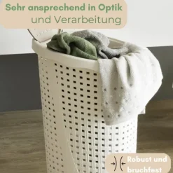 2er Set Wäschekorb mit Deckel Wäschesammler Plastik Wäschetonne Wäschetruhe weiß Wäschebox mit Deckel 31 x 40 x 60 cm 43 L Rattan Optik
