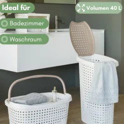 2er Set Wäschekorb mit Deckel Wäschesammler Plastik Wäschetonne Wäschetruhe weiß Wäschebox mit Deckel 31 x 40 x 60 cm 43 L Rattan Optik
