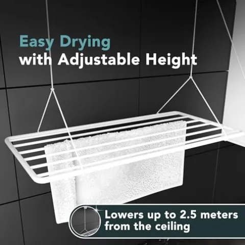 Erica Eric Wäscheständer Decke 100x50cm, Hängender Wäschetrockner mit 8 Metern Trocknungsoberfläche, Vertikal Zusammenklappbar 2.5 Meter, Metall mit PVC-freier Kunststoffbeschichtung, Weiß