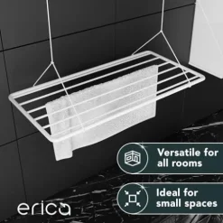 Erica Eric Wäscheständer Decke 100x50cm, Hängender Wäschetrockner mit 8 Metern Trocknungsoberfläche, Vertikal Zusammenklappbar 2.5 Meter, Metall mit PVC-freier Kunststoffbeschichtung, Weiß