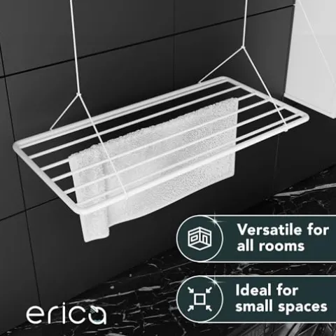 Erica Eric Wäscheständer Decke 100x50cm, Hängender Wäschetrockner mit 8 Metern Trocknungsoberfläche, Vertikal Zusammenklappbar 2.5 Meter, Metall mit PVC-freier Kunststoffbeschichtung, Weiß