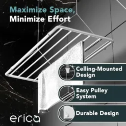 Erica Eric Wäscheständer Decke 100x50cm, Hängender Wäschetrockner mit 8 Metern Trocknungsoberfläche, Vertikal Zusammenklappbar 2.5 Meter, Metall mit PVC-freier Kunststoffbeschichtung, Weiß