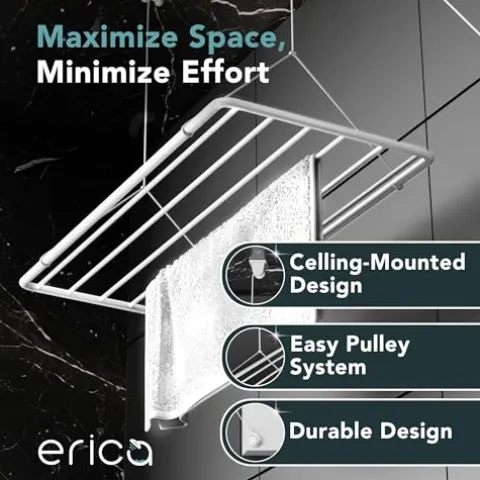 Erica Eric Wäscheständer Decke 100x50cm, Hängender Wäschetrockner mit 8 Metern Trocknungsoberfläche, Vertikal Zusammenklappbar 2.5 Meter, Metall mit PVC-freier Kunststoffbeschichtung, Weiß