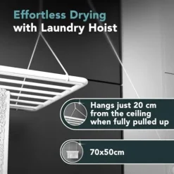 Erica Eric Wäscheständer Decke 120x50cm, Hängender Wäschetrockner mit 9,6 Metern Trocknungsoberfläche, Vertikal Zusammenklappbar 2.5 Meter, Metall mit PVC-freier Kunststoffbeschichtung, Weiß