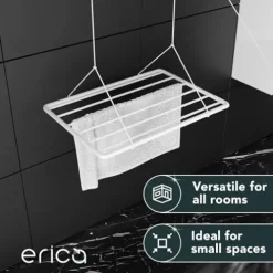 Erica Eric Wäscheständer Decke 120x50cm, Hängender Wäschetrockner mit 9,6 Metern Trocknungsoberfläche, Vertikal Zusammenklappbar 2.5 Meter, Metall mit PVC-freier Kunststoffbeschichtung, Weiß