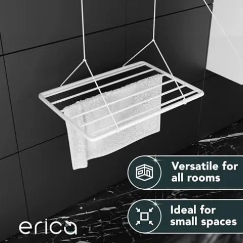 Erica Eric Wäscheständer Decke 120x50cm, Hängender Wäschetrockner mit 9,6 Metern Trocknungsoberfläche, Vertikal Zusammenklappbar 2.5 Meter, Metall mit PVC-freier Kunststoffbeschichtung, Weiß