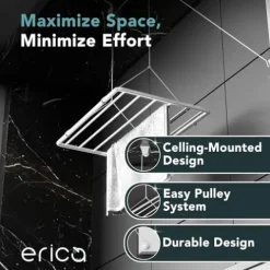 Erica Eric Wäscheständer Decke 120x50cm, Hängender Wäschetrockner mit 9,6 Metern Trocknungsoberfläche, Vertikal Zusammenklappbar 2.5 Meter, Metall mit PVC-freier Kunststoffbeschichtung, Weiß