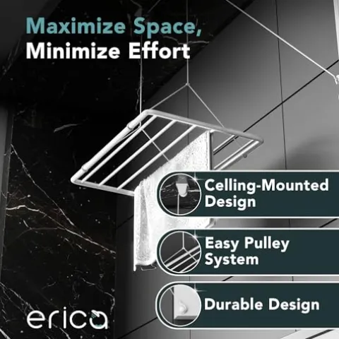 Erica Eric Wäscheständer Decke 120x50cm, Hängender Wäschetrockner mit 9,6 Metern Trocknungsoberfläche, Vertikal Zusammenklappbar 2.5 Meter, Metall mit PVC-freier Kunststoffbeschichtung, Weiß